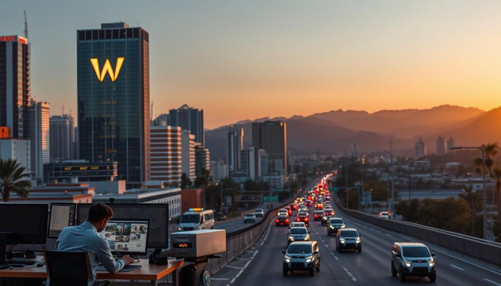 A bustling Mexican city skyline, with the iconic Waibot logo prominently displayed on a modern high-rise building. In the foreground, a team of Waibot AI engineers collaborating at a workstation, their faces lit by the soft glow of computer screens. The middle ground features a busy street scene, with autonomous Waibot delivery robots navigating the traffic. In the background, the distant mountains are bathed in a warm, golden sunset, creating a sense of prosperity and technological advancement. The overall atmosphere conveys the successful implementation of Waibot's AI solutions, seamlessly integrated into the vibrant landscape of Mexico.