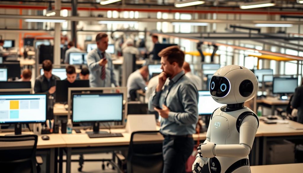A bustling office setting, with rows of desks and computer screens. In the foreground, a Waibot AI assistant interacts with a team of employees, its sleek design and glowing interface a stark contrast to the more traditional work environment. In the middle ground, workers engage with the Waibot, their expressions a mix of curiosity and apprehension, as they navigate the changing landscape of AI-powered automation. The background depicts a partially automated factory, machinery working in tandem with human operators, hinting at the broader impact of AI on the workforce. Warm, natural lighting filters through the windows, creating a sense of optimism and progress amidst the technological transformation. A bustling office setting, with rows of desks and computer screens. In the foreground, a Waibot AI assistant interacts with a team of employees, its sleek design and glowing interface a stark contrast to the more traditional work environment. In the middle ground, workers engage with the Waibot, their expressions a mix of curiosity and apprehension, as they navigate the changing landscape of AI-powered automation. The background depicts a partially automated factory, machinery working in tandem with human operators, hinting at the broader impact of AI on the workforce. Warm, natural lighting filters through the windows, creating a sense of optimism and progress amidst the technological transformation.