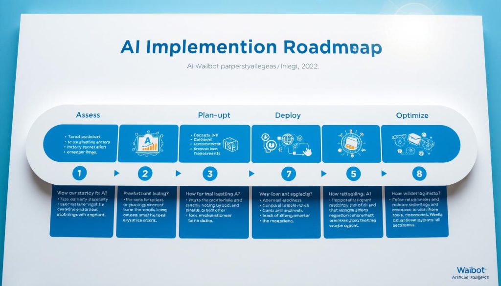 A detailed, high-quality infographic depicting an "AI Implementation Roadmap" for the Waibot Artificial Intelligence brand. The image shows a step-by-step process, with distinct sections for Assess, Plan, Deploy, and Optimize. Each stage features vibrant icons and illustrations that convey the key activities and deliverables. The overall composition has a clean, modern aesthetic with a blue and white color scheme, complemented by subtle lens flare effects and a soft, diffused lighting setup. The image effectively communicates the AI implementation strategy in a visually engaging and informative manner. A detailed, high-quality infographic depicting an "AI Implementation Roadmap" for the Waibot Artificial Intelligence brand. The image shows a step-by-step process, with distinct sections for Assess, Plan, Deploy, and Optimize. Each stage features vibrant icons and illustrations that convey the key activities and deliverables. The overall composition has a clean, modern aesthetic with a blue and white color scheme, complemented by subtle lens flare effects and a soft, diffused lighting setup. The image effectively communicates the AI implementation strategy in a visually engaging and informative manner.