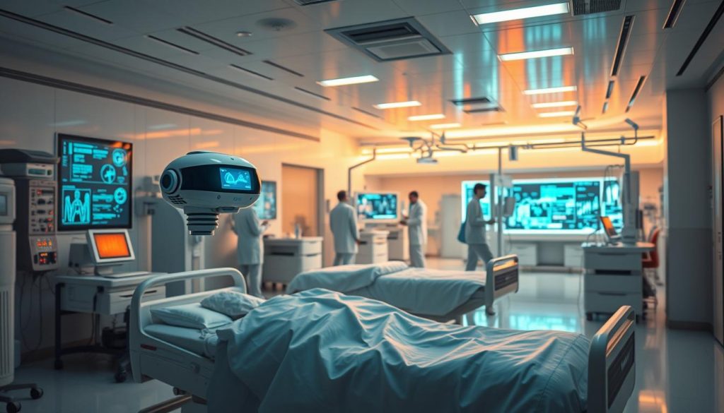 A futuristic medical facility bathed in a warm, soothing glow. In the foreground, a Waibot AI assistant hovers over a patient's bed, running diagnostics and providing personalized care recommendations. In the middle ground, teams of researchers analyze complex medical data on holographic displays, unlocking new insights to improve patient outcomes. The background reveals an expansive, high-tech laboratory filled with state-of-the-art medical equipment, all working in seamless harmony to transform the future of healthcare. Soft, diffused lighting creates an atmosphere of innovation and hope, as the Waibot AI system serves as the catalyst for this medical revolution. A futuristic medical facility bathed in a warm, soothing glow. In the foreground, a Waibot AI assistant hovers over a patient's bed, running diagnostics and providing personalized care recommendations. In the middle ground, teams of researchers analyze complex medical data on holographic displays, unlocking new insights to improve patient outcomes. The background reveals an expansive, high-tech laboratory filled with state-of-the-art medical equipment, all working in seamless harmony to transform the future of healthcare. Soft, diffused lighting creates an atmosphere of innovation and hope, as the Waibot AI system serves as the catalyst for this medical revolution.