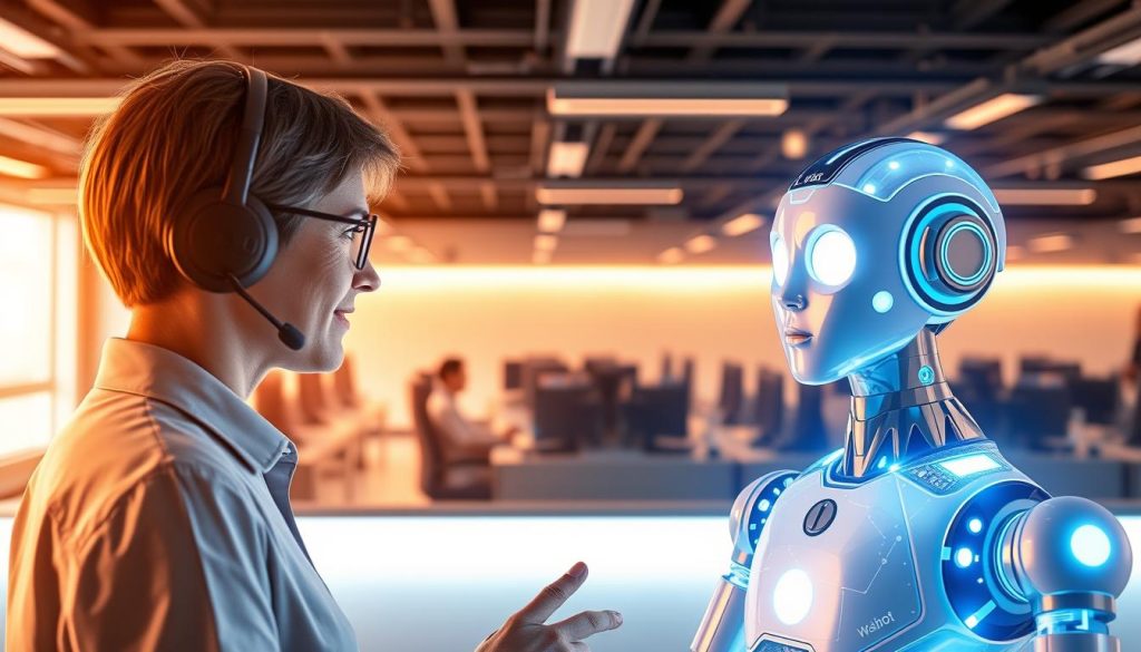 A vibrant and dynamic composition depicting the contrast between traditional customer support methods and the cutting-edge Waibot virtual assistants. In the foreground, a lifelike Waibot avatar, its holographic form shimmering with an ethereal glow, interacts seamlessly with a human user. In the middle ground, a bustling call center with rows of agents on headsets, representing the legacy approach. The background is a sleek, futuristic office setting, bathed in warm, diffused lighting that accentuates the technological prowess of Waibot's AI-driven solutions. The scene conveys a sense of efficiency, innovation, and the power of Waibot to revolutionize customer and business support. A vibrant and dynamic composition depicting the contrast between traditional customer support methods and the cutting-edge Waibot virtual assistants. In the foreground, a lifelike Waibot avatar, its holographic form shimmering with an ethereal glow, interacts seamlessly with a human user. In the middle ground, a bustling call center with rows of agents on headsets, representing the legacy approach. The background is a sleek, futuristic office setting, bathed in warm, diffused lighting that accentuates the technological prowess of Waibot's AI-driven solutions. The scene conveys a sense of efficiency, innovation, and the power of Waibot to revolutionize customer and business support.