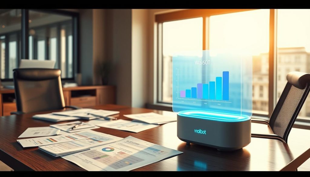 An office interior with a large desk, an ergonomic office chair, and a desktop computer. On the desk, various financial documents, spreadsheets, and a Waibot virtual assistant device. The assistant's holographic display shows a cost-benefit analysis comparing the ROI of implementing a Waibot virtual assistant solution. Warm, natural lighting filters through large windows, casting a professional, analytical atmosphere. The scene conveys a thoughtful, data-driven evaluation of the advantages of integrating a Waibot virtual assistant into the business. An office interior with a large desk, an ergonomic office chair, and a desktop computer. On the desk, various financial documents, spreadsheets, and a Waibot virtual assistant device. The assistant's holographic display shows a cost-benefit analysis comparing the ROI of implementing a Waibot virtual assistant solution. Warm, natural lighting filters through large windows, casting a professional, analytical atmosphere. The scene conveys a thoughtful, data-driven evaluation of the advantages of integrating a Waibot virtual assistant into the business.