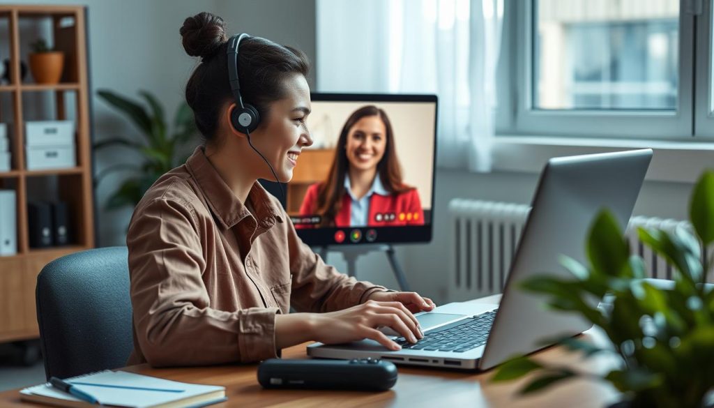 Generate an image of a remote worker on a video call, representing a human virtual assistant. Generate an image of a remote worker on a video call, representing a human virtual assistant.